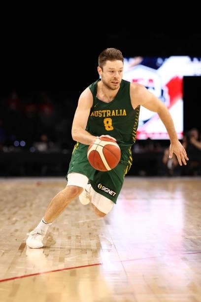 Matthew Dellavedova of the Australia Men's National Team drives to the basket during the game against the Argentina Men's National Team on July 10,...