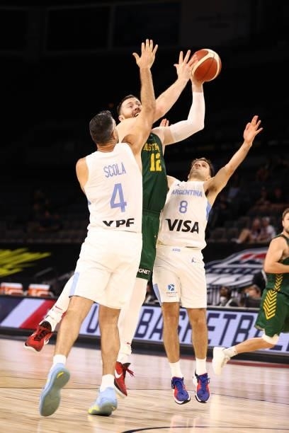Aron Baynes of the Australia Men's National Team shoots the ball during the game against the Argentina Men's National Team on July 10, 2021 at...