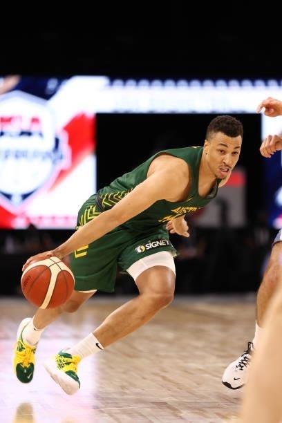 Dante Exum of the Australia Men's National Team drives to the basket during the game against the Argentina Men's National Team on July 10, 2021 at...