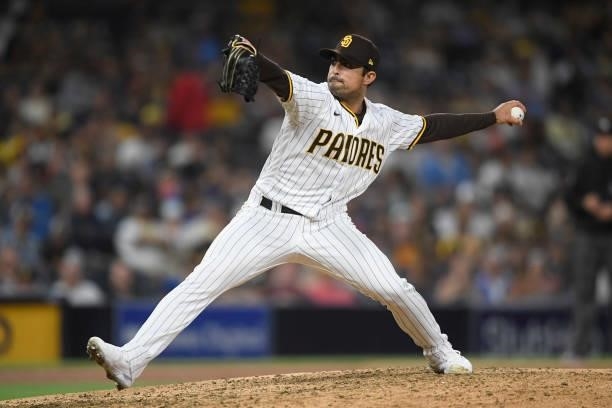 Daniel Camarena of the San Diego Padres pitches during the ninth inning of a baseball game against the Colorado Rockies at Petco Park on July 10,...