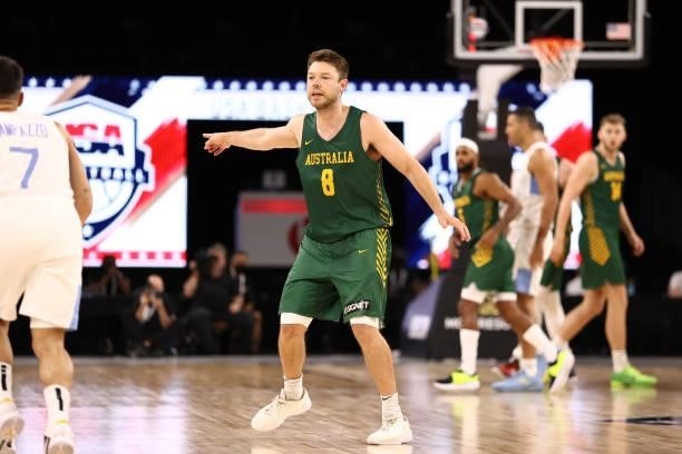 Matthew Dellavedova of the Australia Men's National Team points during the game against the Argentina Men's National Team on July 10, 2021 at...