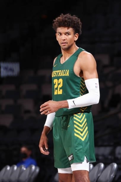 Matisse Thybulle of the Australia Men's National Team looks on during the game against the Argentina Men's National Team on July 10, 2021 at Michelob...