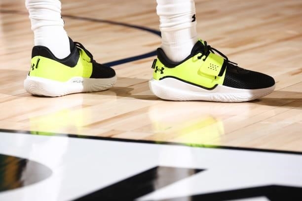 The sneakers worn by Patty Mills of the Australia Men's National Team during the game against the Argentina Men's National Team on July 10, 2021 at...
