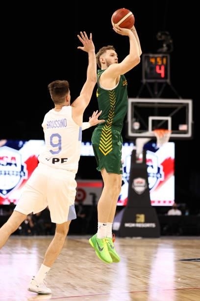 Jock Landale of the Australia Men's National Team shoots the ball during the game against the Argentina Men's National Team on July 10, 2021 at...