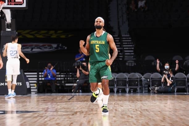 Patty Mills of the Australia Men's National Team reacts to his game winning three point basket after the game against the Argentina Men's National...