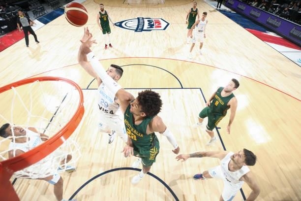 Matisse Thybulle of the Australia Men's National Team and Patricio Garino of the Argentina Men's National Team fight for the rebound on July 10, 2021...