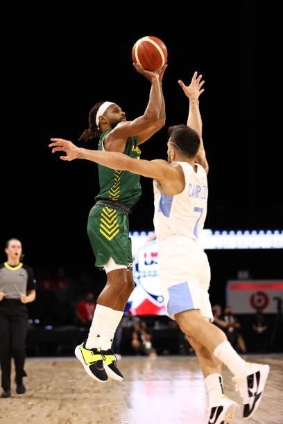 Patty Mills of the Australia Men's National Team shoots the ball during the game against the Argentina Men's National Team on July 10, 2021 at...