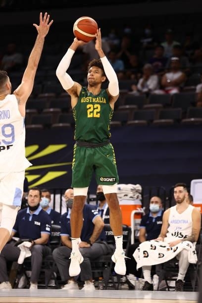 Matisse Thybulle of the Australia Men's National Team shoots the ball during the game against the Argentina Men's National Team on July 10, 2021 at...