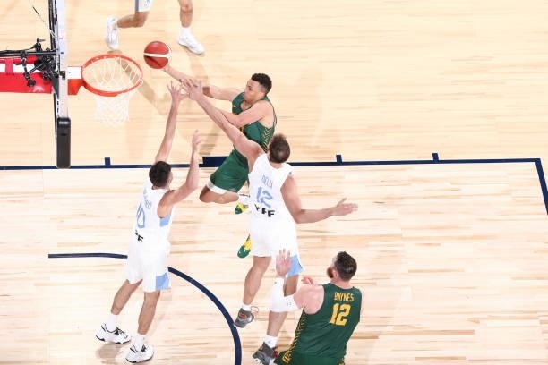 Dante Exum of the Australia Men's National Team drives to the basket during the game Argentina Men's National Team on July 10, 2021 at Michelob ULTRA...