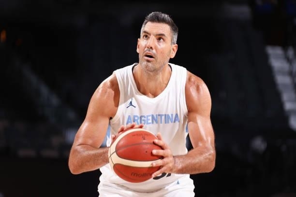 Luis Scola of the Argentina Men's National Team shoots a free throw during the game against the Australia Men's National Team on July 10, 2021 at...