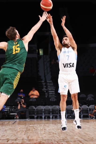 Facundo Campazzo of the Argentina Men's National Team shoots the ball during the game against the Australia Men's National Team on July 10, 2021 at...