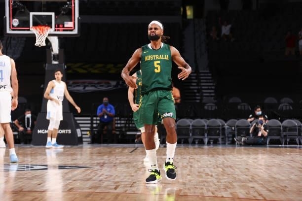 Patty Mills of the Australia Men's National Team reacts to his game winning three point basket after the game against the Argentina Men's National...