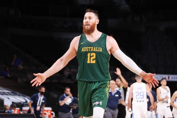 Aron Baynes of the Australia Men's National Team smiles during the game against the Argentina Men's National Team on July 10, 2021 at Michelob ULTRA...