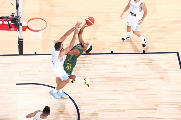 Patty Mills of the Australia Men's National Team drives to the basket during the game against the Argentina Men's National Team on July 10, 2021 at...
