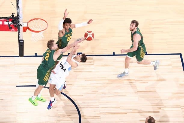Nicolas Laprovittola of the Argentina Men's National Team drives to the basket during the game against the Australia Men's National Team on July 10,...