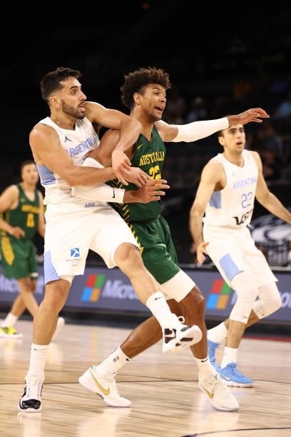 Facundo Campazzo of the Argentina Men's National Team and Matisse Thybulle of the Australia Men's National Team fight for position during the game on...