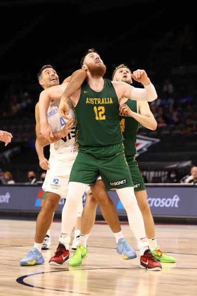 Luis Scola of the Argentina Men's National Team and Aron Baynes of the Australia Men's National Team fight for position during the game on July 10,...