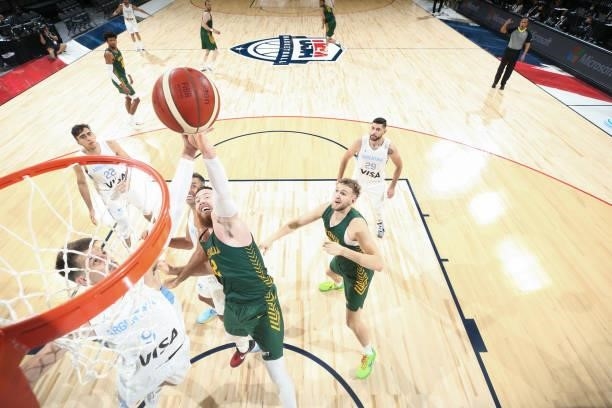 Aron Baynes of the Australia Men's National Team drives to the basket during the game against the Argentina Men's National Team on July 10, 2021 at...