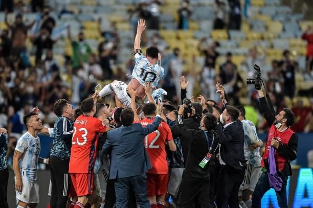 Messi, Argentina player celebrates the title of champion with players of his team after the match against Brazil at Maracana stadium for the decision...