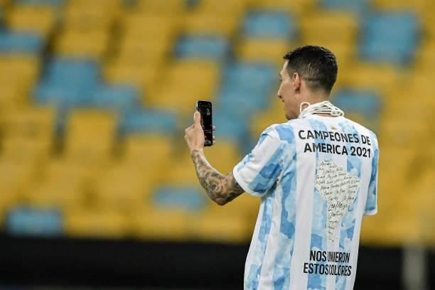 Di Maria, an Argentine player celebrates the title of champion after the match against Brazil, at the Maracana stadium, for the decision of the Copa...