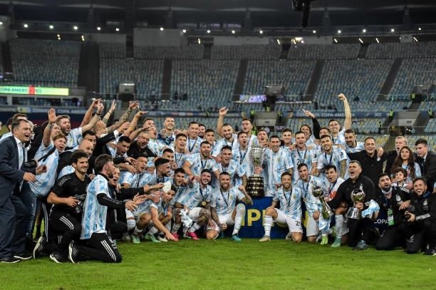 Argentina's players celebrate the title of champion during an awards ceremony after their victory against Brazil in a match at the Maracana stadium...