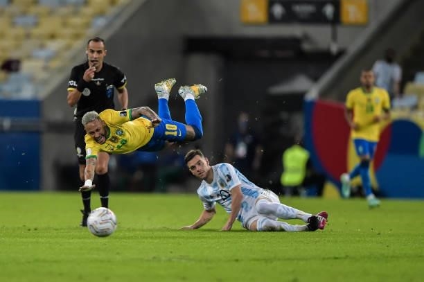 Neymar player from Brazil disputes a bid with Lo Celso player from Argentina during a match at the Maracana stadium for the Copa America 2021, this...
