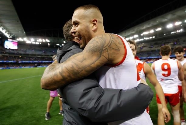 Senior coach John Longmire and Lance Franklin of the Swans celebrate during the 2021 AFL Round 17 match between the Western Bulldogs and the Sydney...