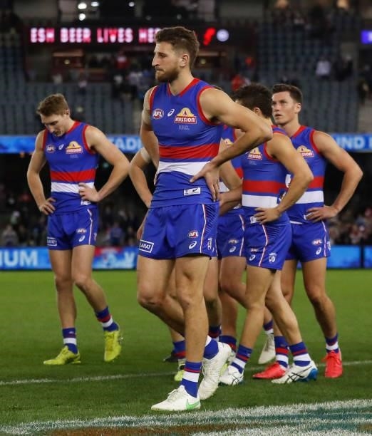 Marcus Bontempelli of the Bulldogs looks dejected after a loss during the 2021 AFL Round 17 match between the Western Bulldogs and the Sydney Swans...