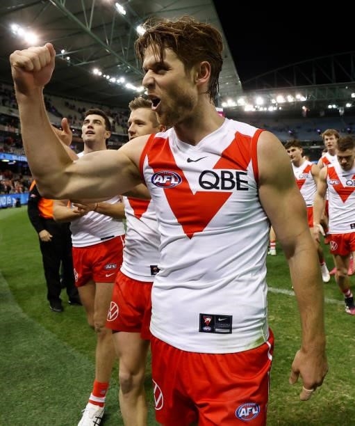 Dane Rampe of the Swans celebrates during the 2021 AFL Round 17 match between the Western Bulldogs and the Sydney Swans at Marvel Stadium on July 11,...