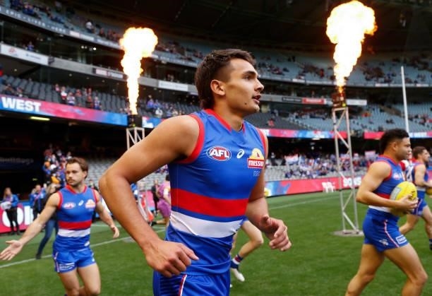 Debutant,Jamarra Ugle-Hagan of the Bulldogs runs onto the field during the 2021 AFL Round 17 match between the Western Bulldogs and the Sydney Swans...