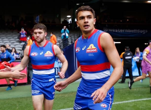 Debutant,Jamarra Ugle-Hagan of the Bulldogs runs onto the field during the 2021 AFL Round 17 match between the Western Bulldogs and the Sydney Swans...