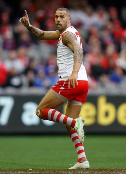 Lance Franklin of the Swans in action during the 2021 AFL Round 17 match between the Western Bulldogs and the Sydney Swans at Marvel Stadium on July...