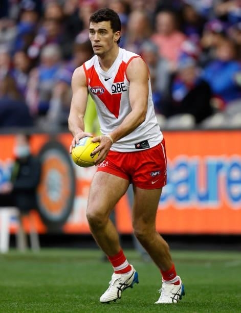 Tom McCartin of the Swans in action during the 2021 AFL Round 17 match between the Western Bulldogs and the Sydney Swans at Marvel Stadium on July...