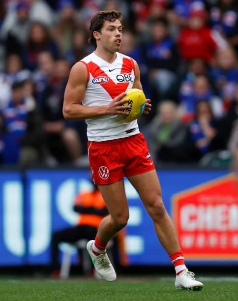 Oliver Florent of the Swans in action during the 2021 AFL Round 17 match between the Western Bulldogs and the Sydney Swans at Marvel Stadium on July...