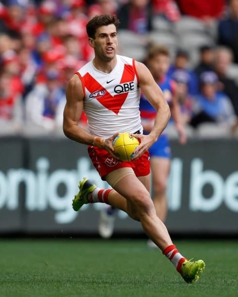 Robbie Fox of the Swans in action during the 2021 AFL Round 17 match between the Western Bulldogs and the Sydney Swans at Marvel Stadium on July 11,...