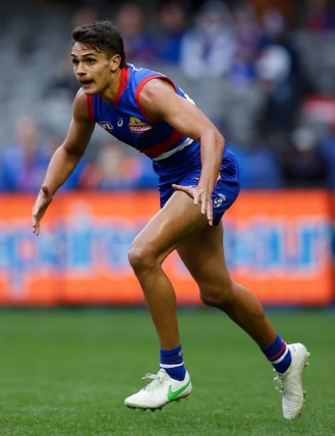 Debutant, Jamarra Ugle-Hagan of the Bulldogs in action during the 2021 AFL Round 17 match between the Western Bulldogs and the Sydney Swans at Marvel...