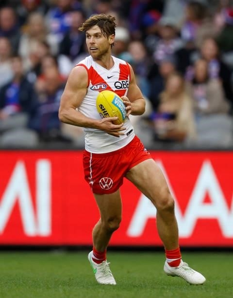 Dane Rampe of the Swans in action during the 2021 AFL Round 17 match between the Western Bulldogs and the Sydney Swans at Marvel Stadium on July 11,...