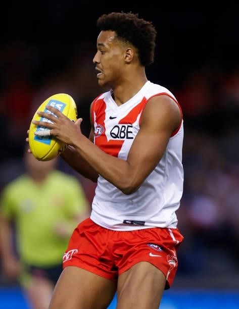 Joel Amartey of the Swans in action during the 2021 AFL Round 17 match between the Western Bulldogs and the Sydney Swans at Marvel Stadium on July...