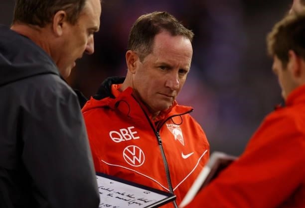 Don Pyke, Assistant Coach of the Swans looks on during the 2021 AFL Round 17 match between the Western Bulldogs and the Sydney Swans at Marvel...