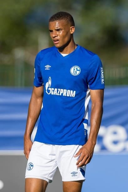 Malick Thiaw of FC Schalke 04 looks on during the Pre-Season Friendly match between FC Schalke 04 and Shakhtar Donetsk at Waldstadion Mittersill on...
