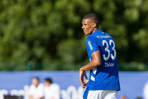 Malick Thiaw of FC Schalke 04 looks on during the Pre-Season Friendly match between FC Schalke 04 and Shakhtar Donetsk at Waldstadion Mittersill on...