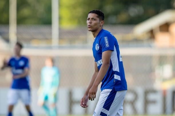 Amine Harit of FC Schalke 04 looks on during the Pre-Season Friendly match between FC Schalke 04 and Shakhtar Donetsk at Waldstadion Mittersill on...