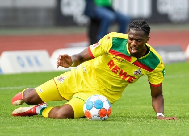 Kingsley Ehizibue of 1. FC Koeln on the ground during the Pre-Season Friendly match between Fortuna Koeln and 1. FC Koeln at Suedstadion on July 9,...