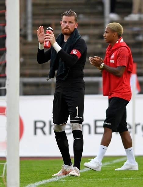Goalkeeper Timo Horn of 1. FC Koeln gestures during the Pre-Season Friendly match between Fortuna Koeln and 1. FC Koeln at Suedstadion on July 9,...