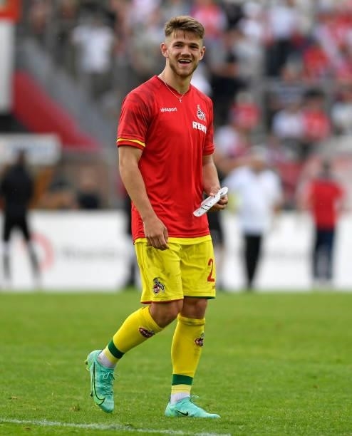 Jan Thielmann of 1. FC Koeln laughs during the Pre-Season Friendly match between Fortuna Koeln and 1. FC Koeln at Suedstadion on July 9, 2021 in...