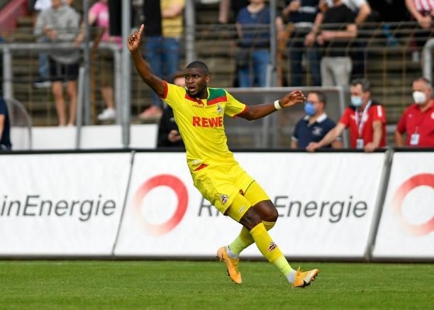 Anthony Modeste of 1. FC Koeln gestures during the Pre-Season Friendly match between Fortuna Koeln and 1. FC Koeln at Suedstadion on July 9, 2021 in...