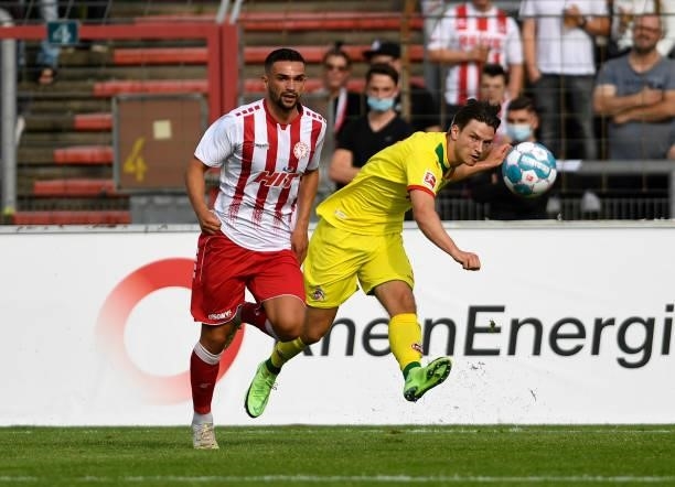 Noah Katterbach of 1. FC Koeln controls the ball during the Pre-Season Friendly match between Fortuna Koeln and 1. FC Koeln at Suedstadion on July 9,...