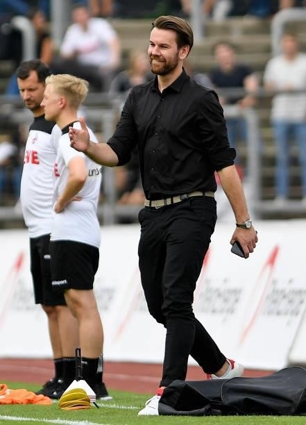 Thomas Kessler of 1. FC Koeln gestures during the Pre-Season Friendly match between Fortuna Koeln and 1. FC Koeln at Suedstadion on July 9, 2021 in...