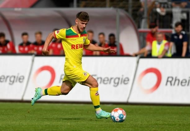 Jan Thielmann of 1. FC Koeln controls the ball during the Pre-Season Friendly match between Fortuna Koeln and 1. FC Koeln at Suedstadion on July 9,...