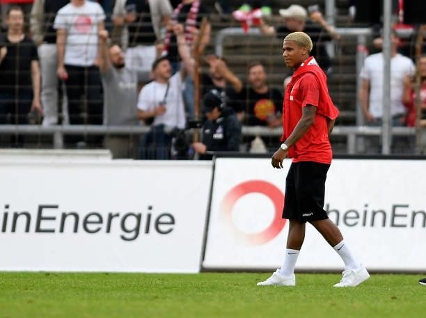 Ismail Jakobs of 1. FC Koeln looks on during the Pre-Season Friendly match between Fortuna Koeln and 1. FC Koeln at Suedstadion on July 9, 2021 in...